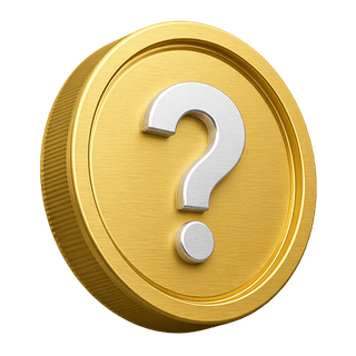 A decorative gold 3D coin marked with a question mark, shown on the FAQ page